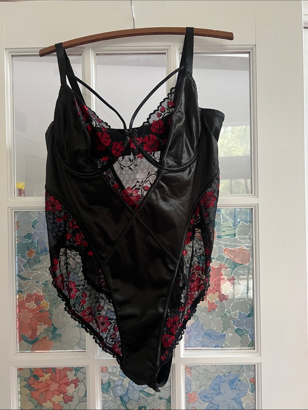 City Chic Black Satin Bodysuit with Red Floral Lace